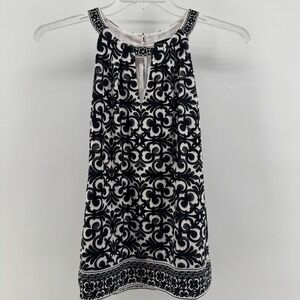 White House Black Market XS Tunic Shift‎ Dress Black White Damask Keyhole